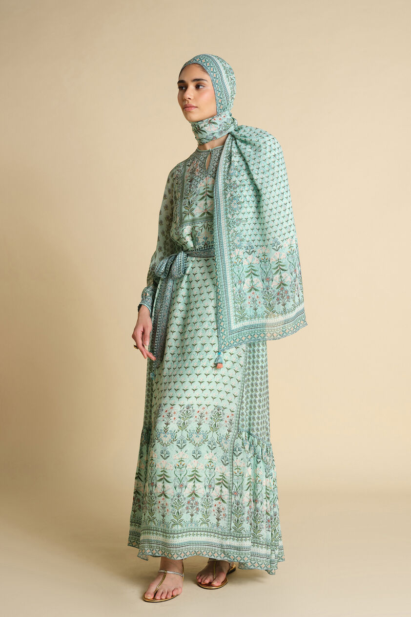 Azhaki Printed Stole - Aqua, Aqua, image 2